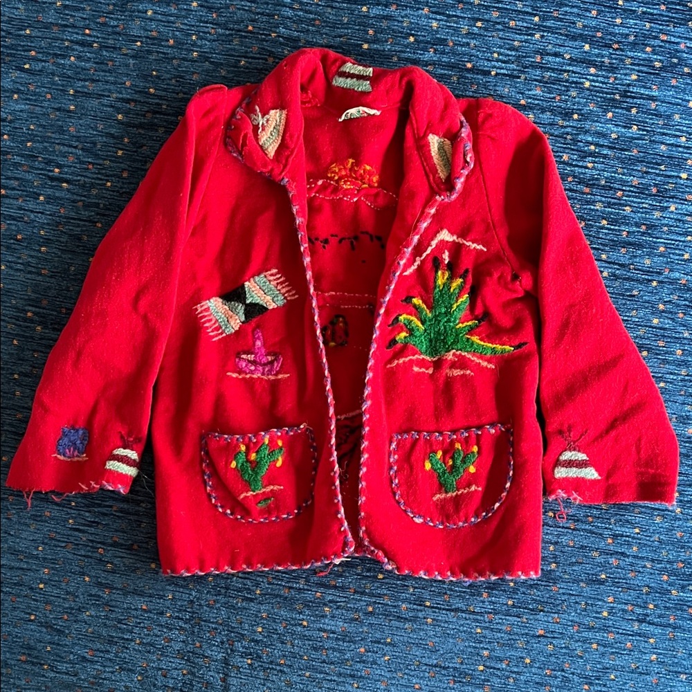 Vintage Lopez brand 100% wool Red Kids Blazer with wool Embroidery